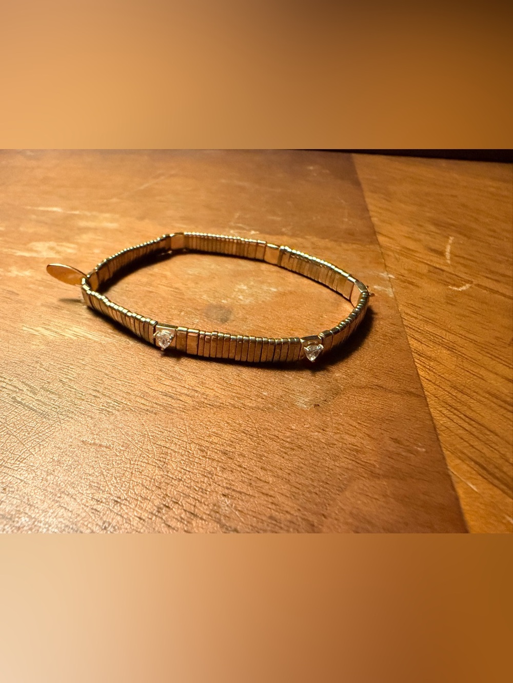 Anthropologie Gold Tone Stretch Bracelet with Clear Heart Crystals